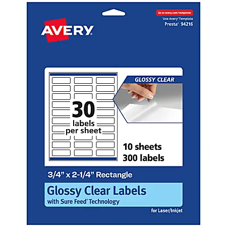Avery&reg; Glossy Permanent Labels With Sure Feed&reg;, 94216-CGF10, Rectangle, 3/4" x 2-1/4", Clear, Pack Of 300 Popular