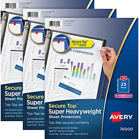 Avery&reg; Secure Top Sheet Protectors - For Letter 8 1/2" x 11" Sheet - 3 x Holes - Ring Binder - Clear - Polypropylene - 75 / Bundle Mega Sale