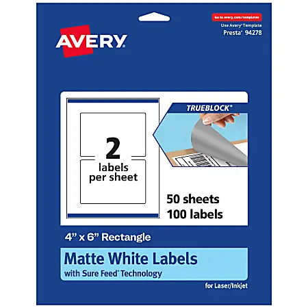 Avery&reg; Print-To-The-Edge TrueBlock&reg; Labels With Sure Feed&reg;, 94278-TWMP50, Rectangle, 4" x 6", Matte White, Pack Of 100 Warranty Included