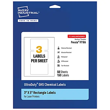 Avery&reg; Ultra Duty&reg; Permanent GHS Chemical Labels, 97186-WMU50, Rectangle, 3" x 5", White, Pack Of 150 Cheap