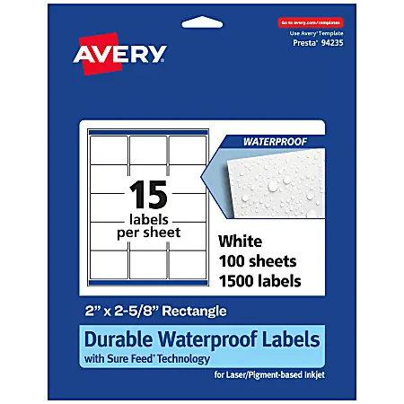 Avery&reg; Waterproof Permanent Labels With Sure Feed&reg;, 94235-WMF100, Rectangle, 2" x 2-5/8", White, Pack Of 1,500 New Arrival
