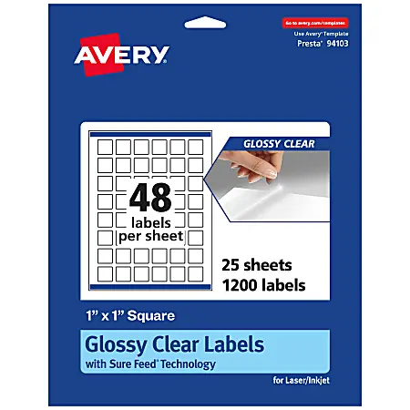 Fresh Stock Avery&reg; Glossy Permanent Labels With Sure Feed&reg;, 94103-CGF25, Square, 1" x 1", Clear, Pack Of 1,200