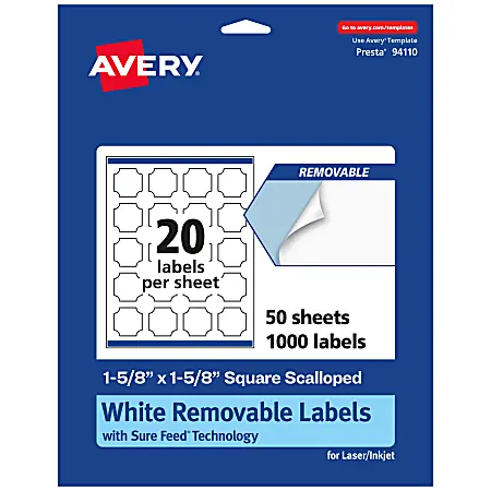Avery&reg; Removable Labels With Sure Feed&reg;, 94110-RMP50, Square Scalloped, 1-5/8" x 1-5/8", White, Pack Of 1,000 Labels Limited Edition