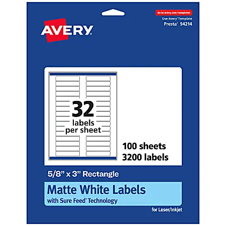 Avery&reg; Permanent Labels With Sure Feed&reg;, 94214-WMP100, Rectangle, 5/8" x 3", White, Pack Of 3,200 Last Chance