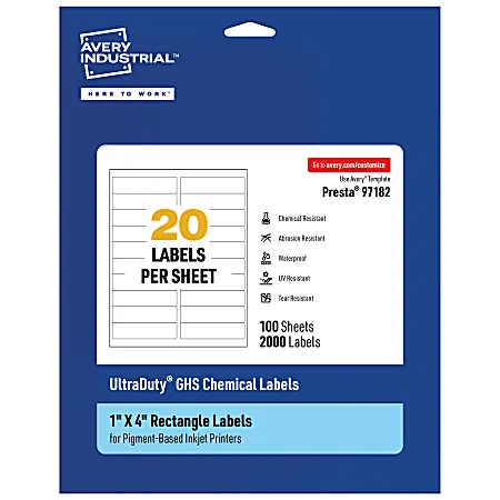 Affordable Avery&reg; Ultra Duty&reg; Permanent GHS Chemical Labels, 97182-WMUI100, Rectangle, 1" x 4", White, Pack Of 2,000