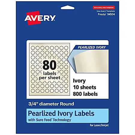 Clearance Avery&reg; Pearlized Permanent Labels With Sure Feed&reg;, 94504-PIP10, Round, 3/4" Diameter, Ivory, Pack Of 800 Labels