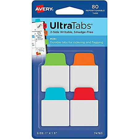Avery&reg; UltraTabs Repositionable Mini Tabs - Write-on Tab(s) - 1.50" Tab Height x 1" Tab Width - Assorted Tab(s) - 80 / Pack Luxury