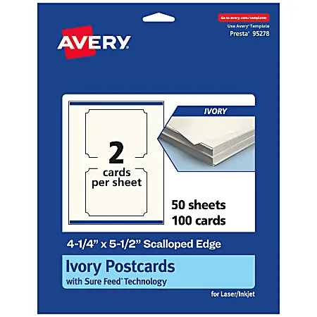Don’t Miss Out Avery&reg; Printable Postcards With Sure Feed&reg; Technology, 95278-MIC50, Rectangle Scalloped, 4.25" x 5.5", Matte Ivory, Pack Of 100