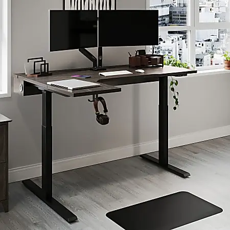 Realspace&reg; Koru Electric 59"W L-Shaped Height-Adjustable Standing Desk with Integrated Power & Charging, Espresso Oak Sale
