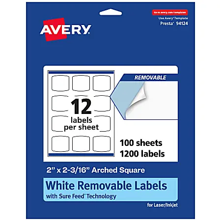 Avery&reg; Removable Labels With Sure Feed&reg;, 94124-RMP100, Arched Square, 2" x 2-3/16", White, Pack Of 1,200 Labels Trending