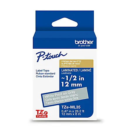 Brother P-touch TZeML35 Premium Matte Laminated Label Tape, 0.47 in x 26.2 ft (12mm x 8m), White on Gray Budget