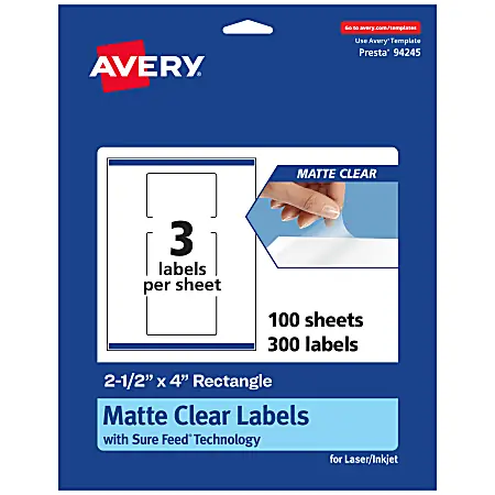 Holiday Sale Avery&reg; Permanent Labels With Sure Feed&reg;, 94245-CMF100, Rectangle, 2-1/2" x 4", Matte Clear, Pack Of 300