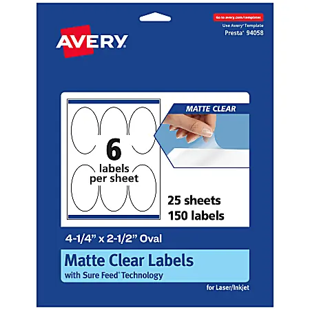 Avery&reg; Permanent Labels With Sure Feed&reg;, 94058-CMF25, Oval, 4-1/4" x 2-1/2", Matte Clear, Pack Of 150 New Release