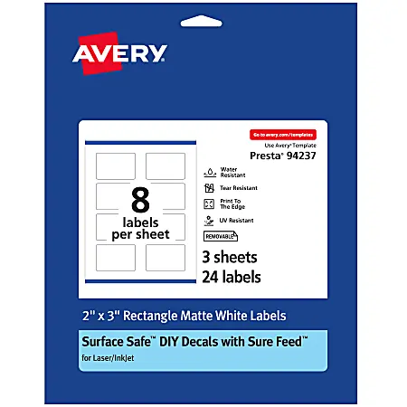 Avery&reg; Durable Removable Labels With Sure Feed&reg;, 94237-DRF3, Rectangle, 2" x 3", White, Pack Of 24 Affordable