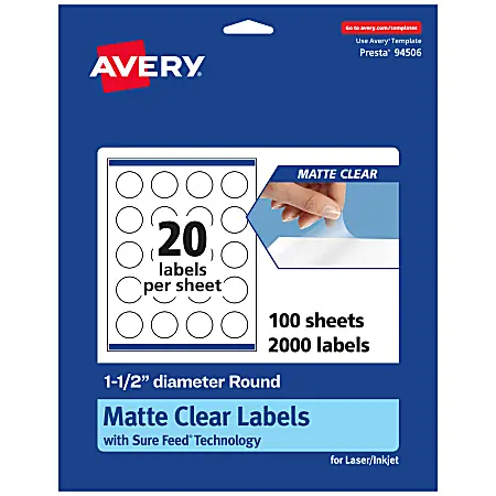 Limited Offer Avery&reg; Permanent Labels With Sure Feed&reg;, 94506-CMF100, Round, 1-1/2", Matte Clear, Pack Of 2,000