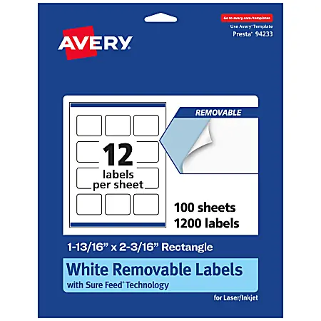 Sale Avery&reg; Removable Labels With Sure Feed&reg;, 94233-RMP100, Rectangle, 1-13/16" x 2-3/16", White, Pack Of 1,200 Labels