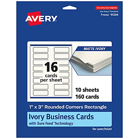 Avery&reg; Printable Rounded Corner Mini Business Cards With Sure Feed&reg; Technology, Print-To-The-Edge, 1"x3", Matte Ivory, Pack Of 160 Place Order