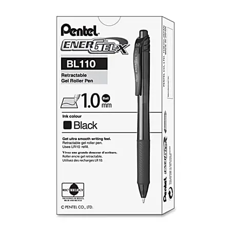 Pentel&reg; EnerGel-X Retractable Gel Pens, Bold Point, 1.0 mm, Black Barrel, Black Ink, Pack Of 12 Pens Direct From Manufacturer