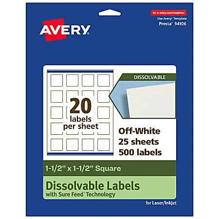 Reduced Price Avery&reg; Print-to-the-Edge Dissolvable Labels With Sure Feed&reg; Technology, 94106-DWMP25, Square, 1-1/2"x1-1/2", Matte Off-White, Pack Of 500
