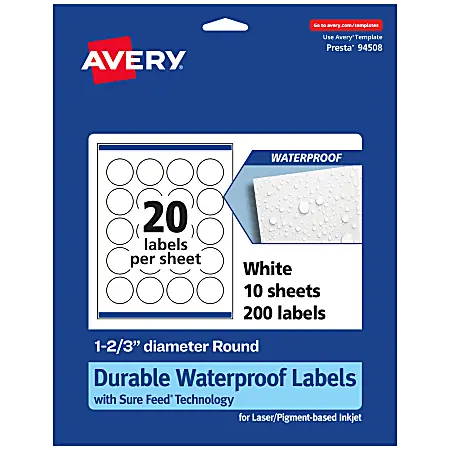 Final Sale Avery&reg; Waterproof Permanent Labels With Sure Feed&reg;, 94508-WMF10, Round, 1-2/3" Diameter, White, Pack Of 200