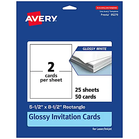 Avery&reg; Printable Invitation Cards, Rectangle, 5.5" x 8.5", Glossy White, Pack Of 50 Same Day Shipping