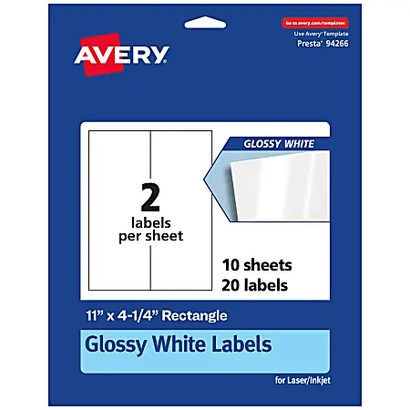 Save Now Avery&reg; Glossy Permanent Labels, 94266-WGP10, Rectangle, 11" x 4-1/4", White, Pack Of 20