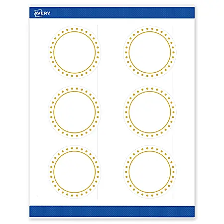 Sale Avery&reg; Print-To-The-Edge Labels & Sure Feed&reg;, S00-DHX-PRWMP10, 3" Round, Matte White, Preprinted Gold Border & Gold Dots Design, Pack Of 60