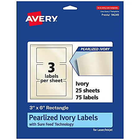 Time-Limited Avery&reg; Pearlized Permanent Labels With Sure Feed&reg;, 94249-PIP25, Rectangle, 3" x 6", Ivory, Pack Of 75 Labels