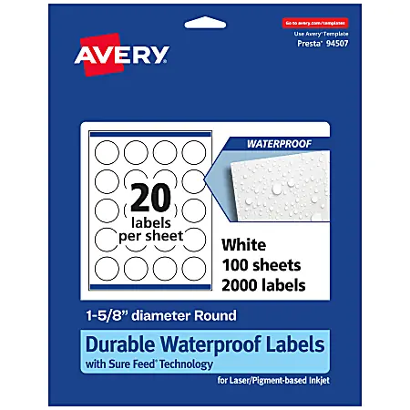 Popular Avery&reg; Waterproof Permanent Labels With Sure Feed&reg;, 94507-WMF100, Round, 1-5/8" Diameter, White, Pack Of 2,000