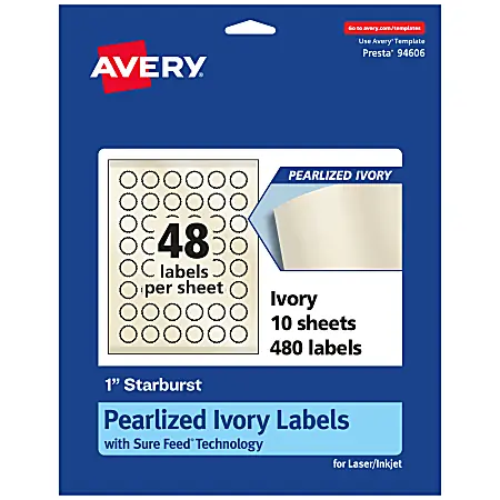 Price Cut Avery&reg; Pearlized Permanent Labels With Sure Feed&reg;, 94606-PIP10, Starburst, 1", Ivory, Pack Of 480 Labels