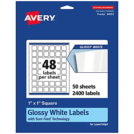 Viral Avery&reg; Glossy Permanent Labels With Sure Feed&reg;, 94103-WGP50, Square, 1" x 1", White, Pack Of 2,400