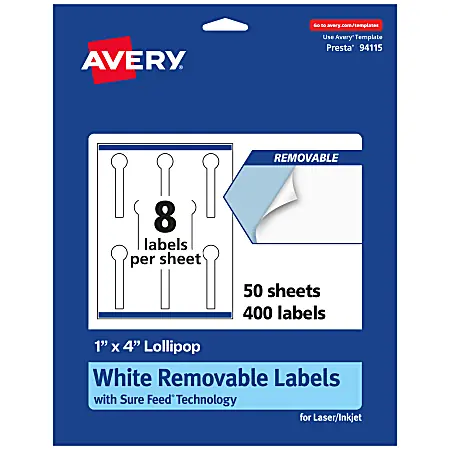 Avery&reg; Removable Labels With Sure Feed&reg;, 94115-RMP50, Lollipop, 1" x 4", White, Pack Of 400 Labels Time-Limited