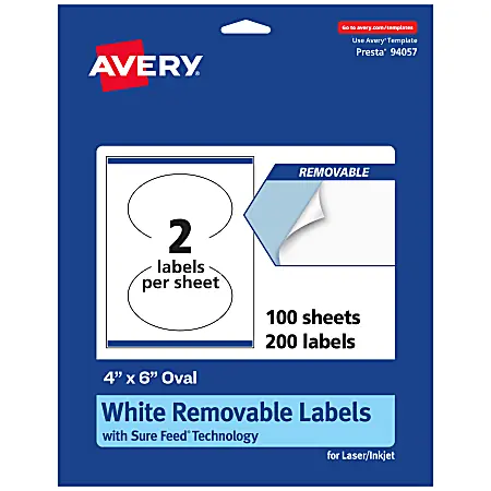 Direct From Manufacturer Avery&reg; Removable Labels With Sure Feed&reg;, 94057-RMP100, Oval, 4" x 6", White, Pack Of 200 Labels