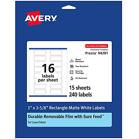 Avery&reg; Durable Removable Labels With Sure Feed&reg;, 94201-DRF15, Rectangle, 1" x 2-5/8", White, Pack Of 240 Direct From Manufacturer
