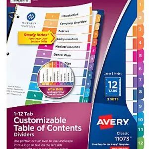 Exclusive Avery&reg; Ready Index&reg; 1-12 Tab Binder Dividers With Customizable Table Of Contents, 8-1/2" x 11", 12 Tab, White/Multicolor, Pack Of 3 Sets