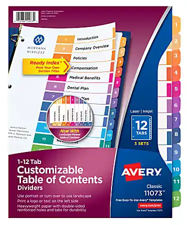 Exclusive Avery® Ready Index® 1-12 Tab Binder Dividers With Customizable Table Of Contents, 8-1/2" x 11", 12 Tab, White/Multicolor, Pack Of 3 Sets