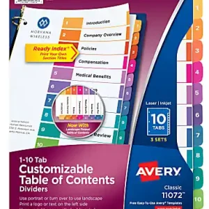 Avery&reg; Ready Index&reg; 1-10 Tab Binder Dividers With Customizable Table Of Contents, 8-1/2" x 11", 10 Tab, White/Multicolor, Pack Of 3 Sets Free Delivery