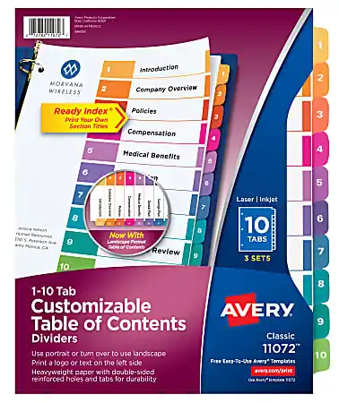 Avery® Ready Index® 1-10 Tab Binder Dividers With Customizable Table Of Contents, 8-1/2" x 11", 10 Tab, White/Multicolor, Pack Of 3 Sets Free Delivery