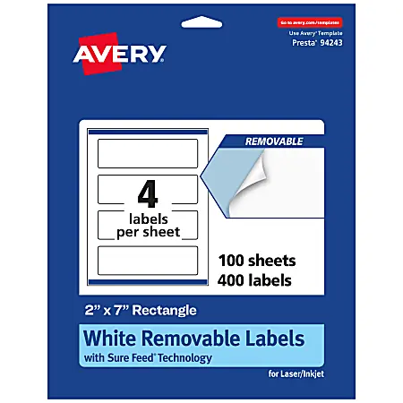 Exclusive Avery&reg; Removable Labels With Sure Feed&reg;, 94243-RMP100, Rectangle, 2" x 7", White, Pack Of 400 Labels