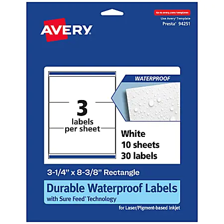 Avery&reg; Waterproof Permanent Labels With Sure Feed&reg;, 94251-WMF10, Rectangle, 3-1/4" x 8-3/8", White, Pack Of 30 One Day Deal