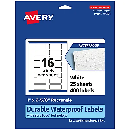 Top Rated Avery&reg; Waterproof Permanent Labels With Sure Feed&reg;, 94201-WMF25, Rectangle, 1" x 2-5/8", White, Pack Of 400