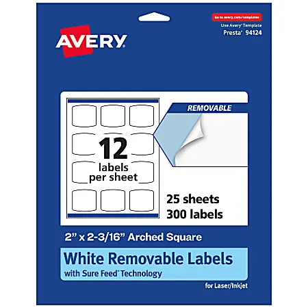 Avery&reg; Removable Labels With Sure Feed&reg;, 94124-RMP25, Arched Square, 2" x 2-3/16", White, Pack Of 300 Labels Flash Sale
