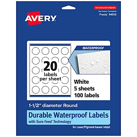 Popular Avery&reg; Waterproof Permanent Labels With Sure Feed&reg;, 94506-WMF5, Round, 1-1/2" Diameter, White, Pack Of 100
