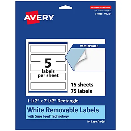 Avery&reg; Removable Labels With Sure Feed&reg;, 94231-RMP15, Rectangle, 1-1/2" x 7-1/2", White, Pack Of 75 Labels Time-Limited