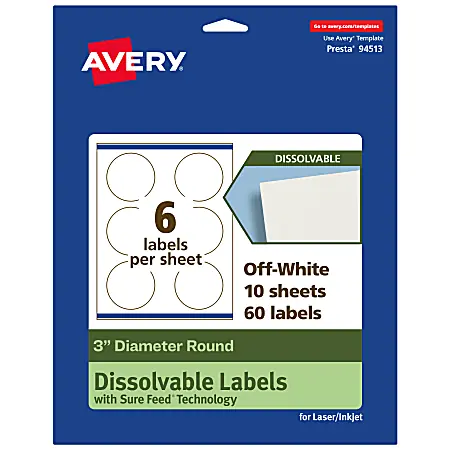 Exclusive Avery&reg; Print-to-the-Edge Dissolvable Labels With Sure Feed&reg; Technology, 94513-DWMP10, Round, 3", Matte Off-White, Pack Of 60