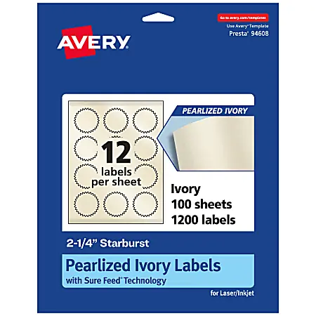 Avery&reg; Pearlized Permanent Labels With Sure Feed&reg;, 94608-PIP100, Starburst, 2-1/4", Ivory, Pack Of 1,200 Labels Original