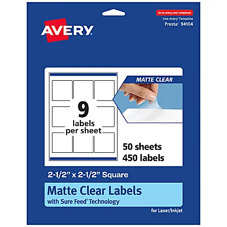 Genuine Avery&reg; Permanent Labels With Sure Feed&reg;, 94104-CMF50, Square, 2-1/2" x 2-1/2", Matte Clear, Pack Of 450