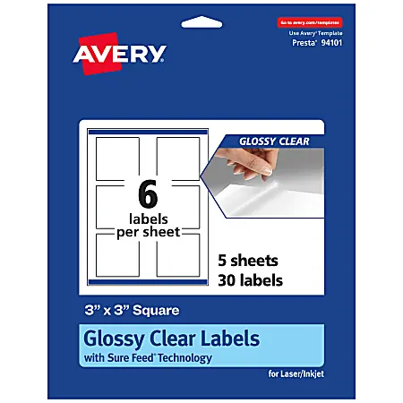 Discount Avery&reg; Glossy Permanent Labels With Sure Feed&reg;, 94101-CGF5, Square, 3" x 3", Clear, Pack Of 30