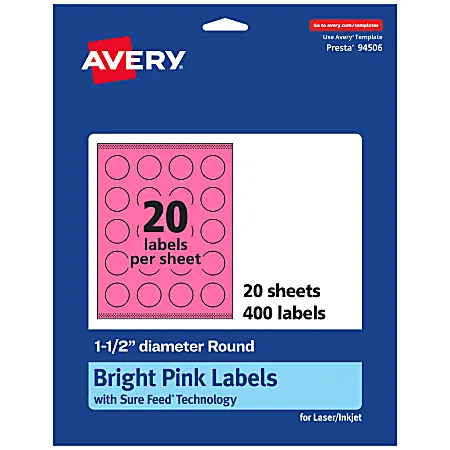 Direct From Factory Avery&reg; Print-To-The-Edge Labels With Sure Feed&reg; Technology And Easy Peel&reg; Label Feature, 94506-BPP20, Round, 1-1/2", Matte Bright Pink, Pack of 400