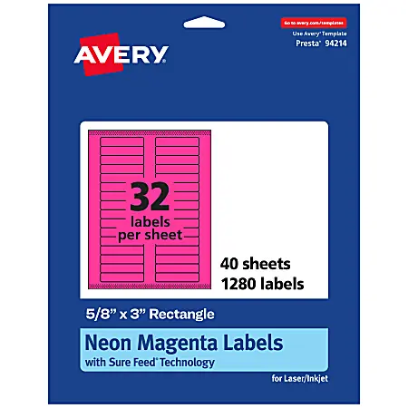 New Arrival Avery&reg; Printable Labels With Sure Feed&reg; Technology, 94214-NMP40, Rectangle, 5/8" x 3", Matte Neon Magenta, Pack of 1280